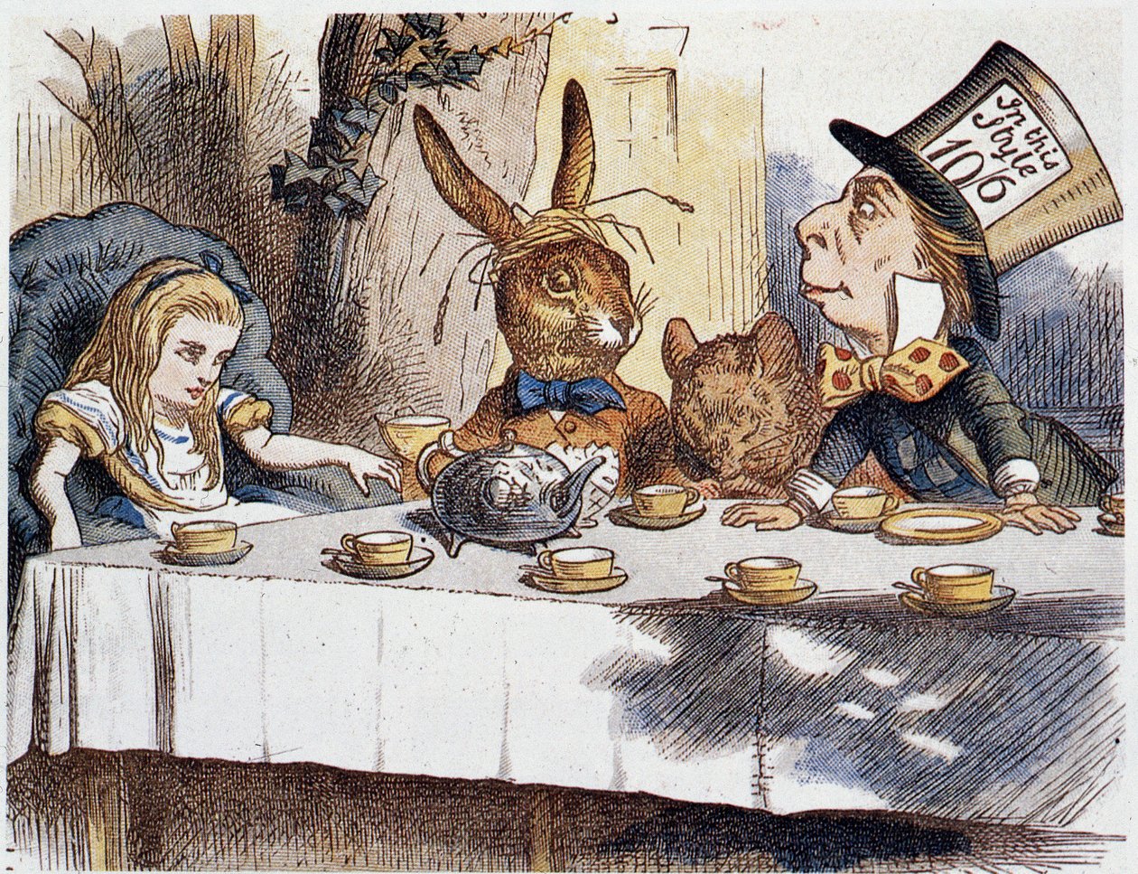 Alice ottaa "" tyhmissä"" - Lewis Carrollin "Liisan seikkailuissa ihmemaassa ja lasin läpi", kuvitus John Tennielin (1820-1914) tekijältä John Tenniel