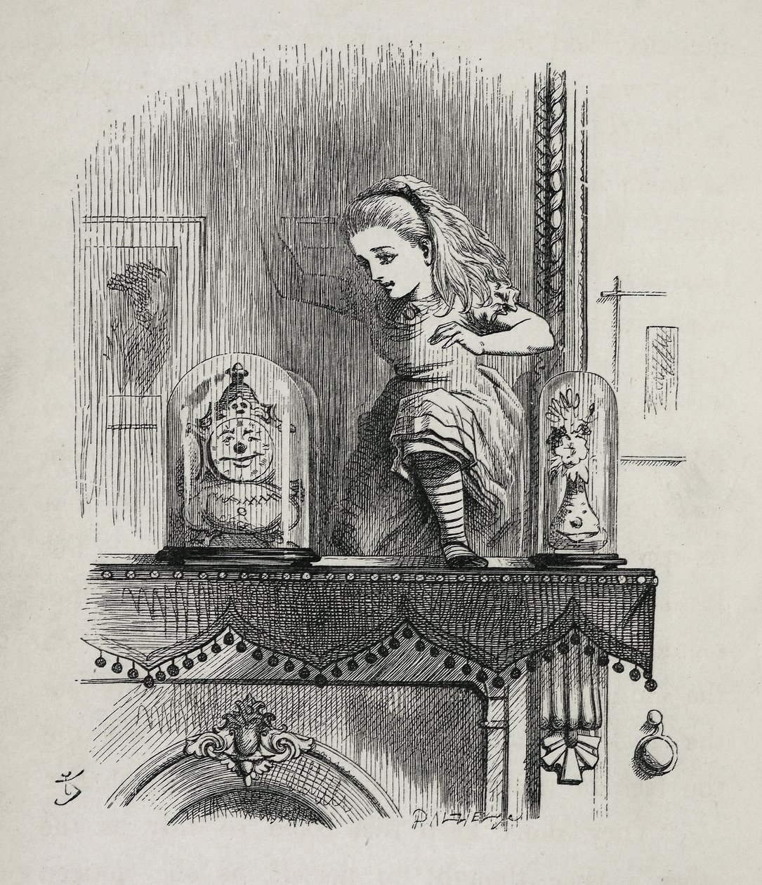 Alice kulkee peilin läpi - Lewis Carrollin "" Alicen seikkailuissa Ihmemaassa ja lasin läpi" -osassa, kuvitus John Tenniel (1820-1914) tekijältä John Tenniel