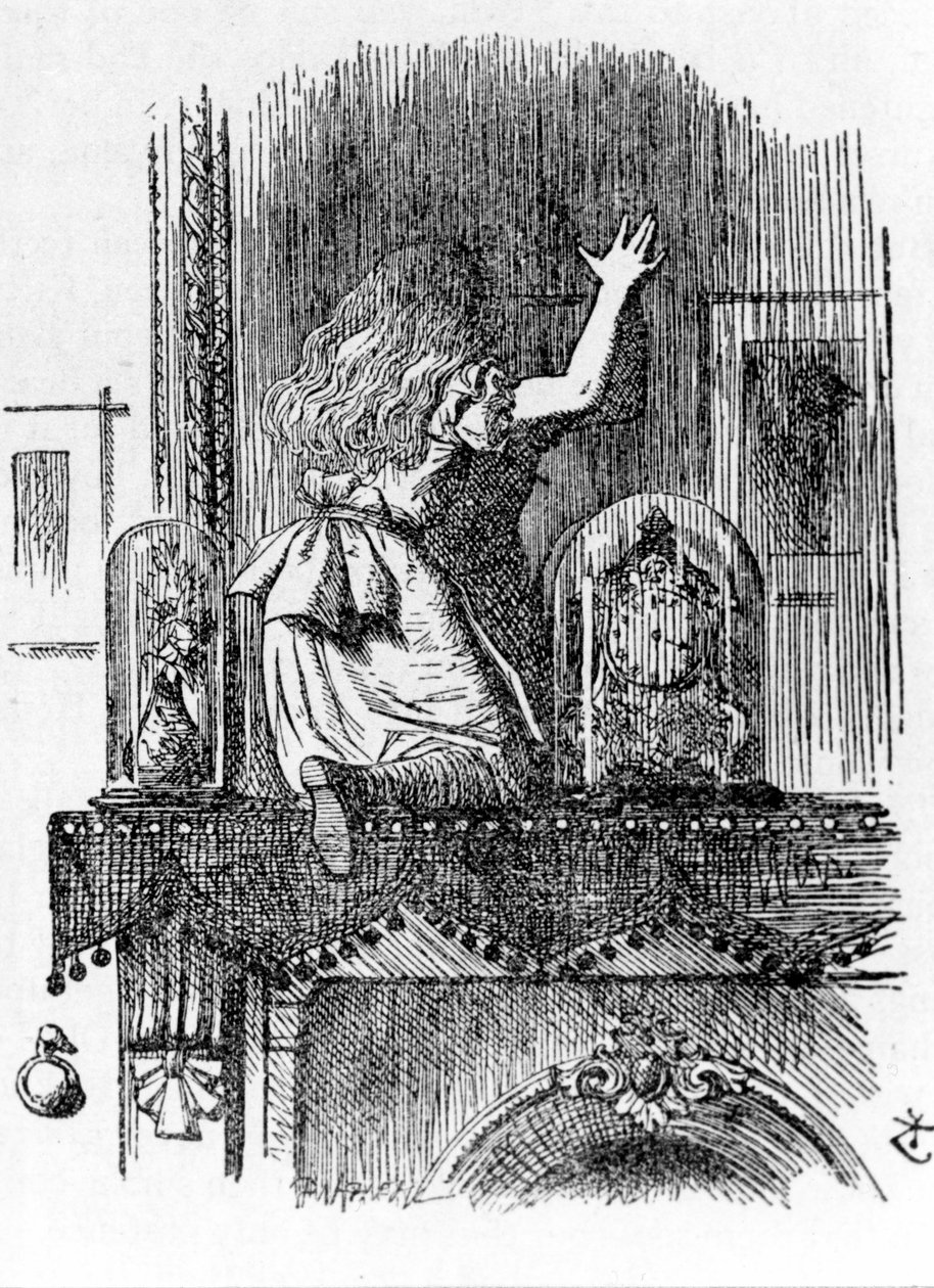 Liisa kulkee peilin läpi - Lewis Carrollin "Liisan seikkailut Ihmemaassa ja lasin läpi", kuvitus John Tenniel (1820-1914) tekijältä John Tenniel