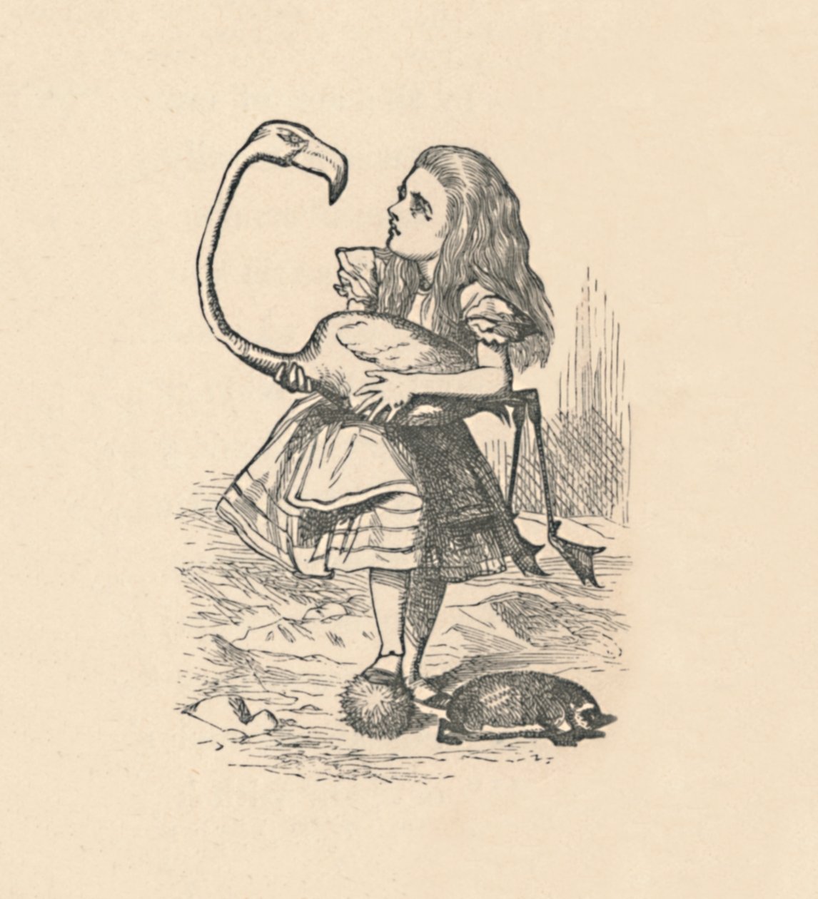 Alice yrittää pelata krokettia flamingon kanssa vasarana, 1889 tekijältä John Tenniel