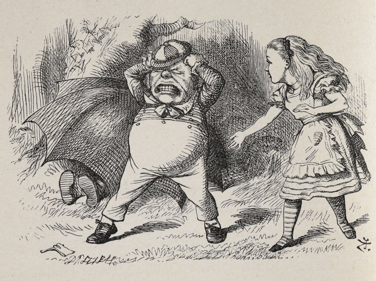 Alice vihaisen Tweedledumin kanssa ja piilossa oleva Tweedledee. tekijältä John Tenniel