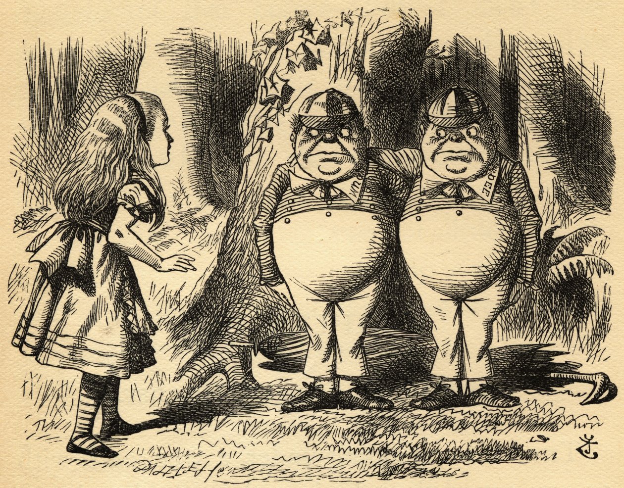 Alice Tweedledumin ja Tweedledeen kanssa. Kuvitus Sir John Tenniel tekijältä John Tenniel