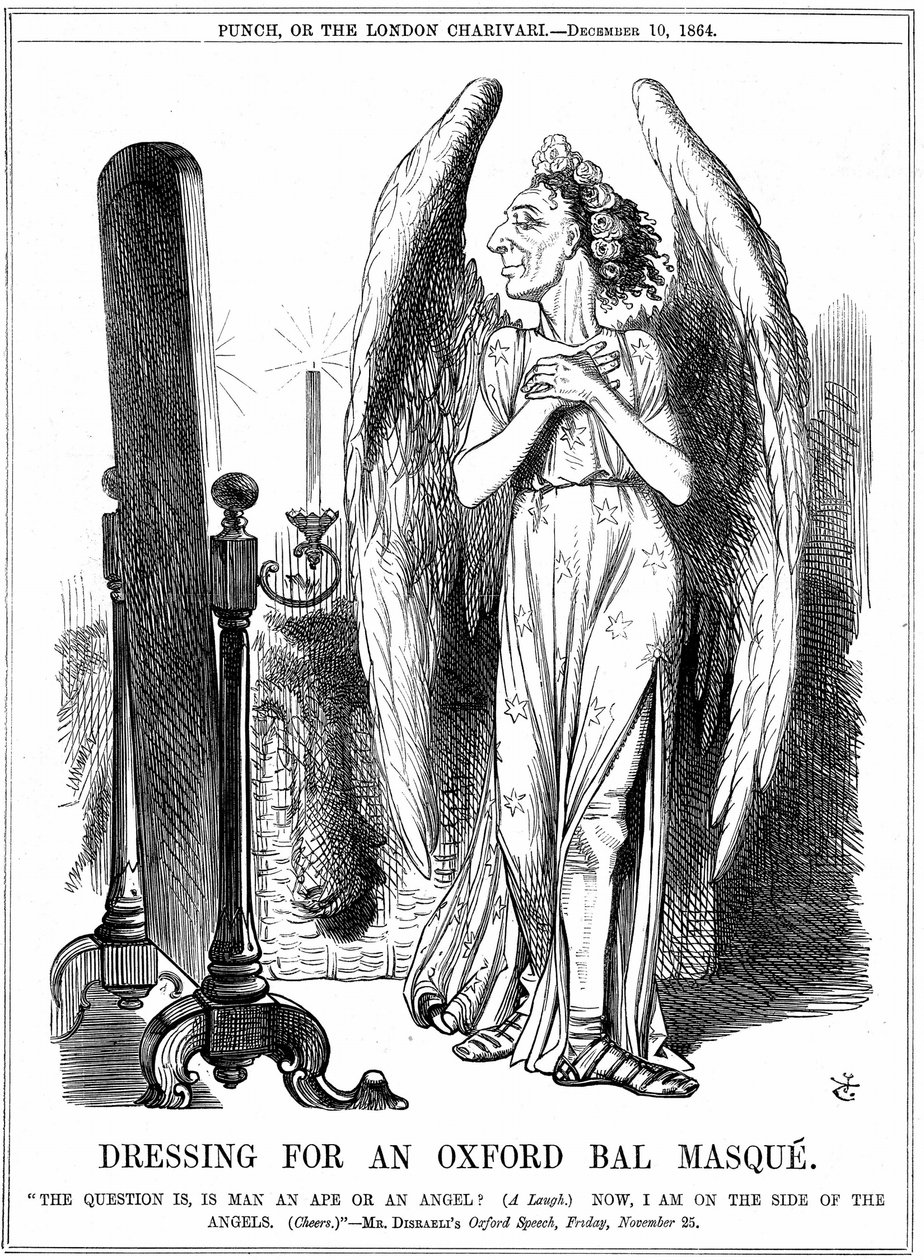 Benjamin Disraeli (1804-81) Britannian konservatiivivaltiomies. "Nyt olen enkelien puolella". John Tenniel sarjakuva Punchista, Lontoosta tekijältä John Tenniel