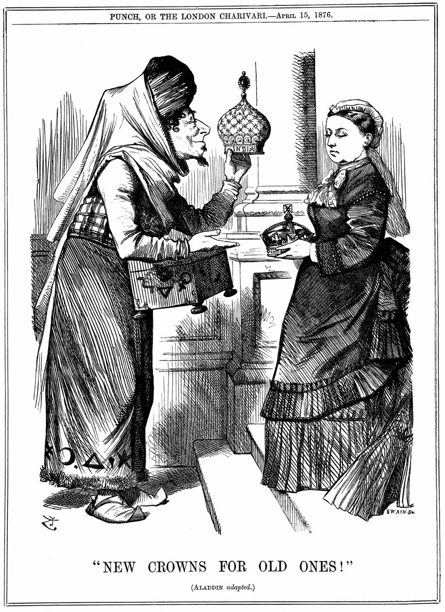 Benjamin Disraeli tarjoaa Intian kruunun kuningatar Victorialle. Hänet julistettiin Intian keisarinnaksi 1. toukokuuta 1876. John Tenniel -sarjakuva Punch Londonista 15. huhtikuuta 1876 tekijältä John Tenniel