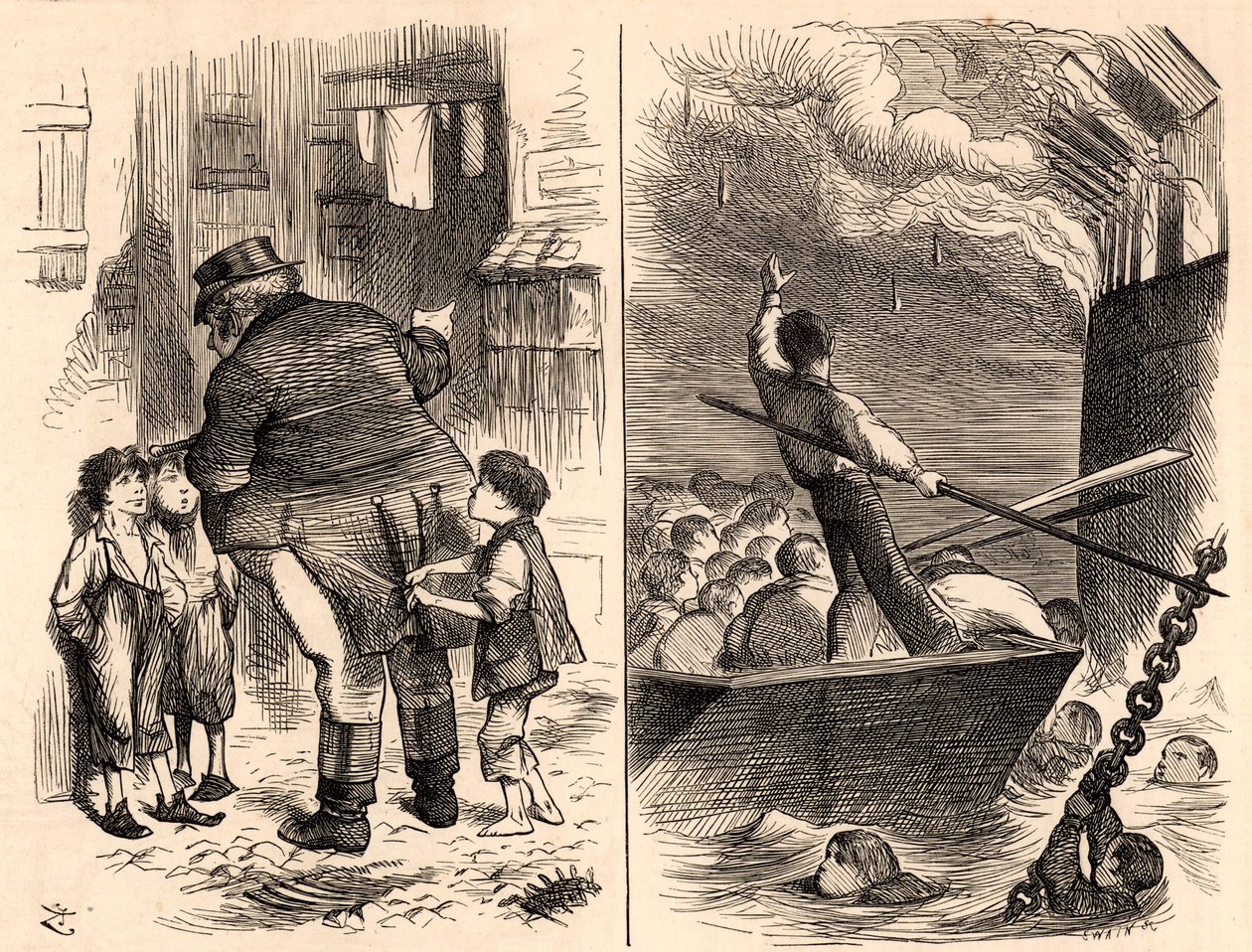 Kuninkaallisen laivaston harjoitusalus "Goliath" poltetaan tekijältä John Tenniel