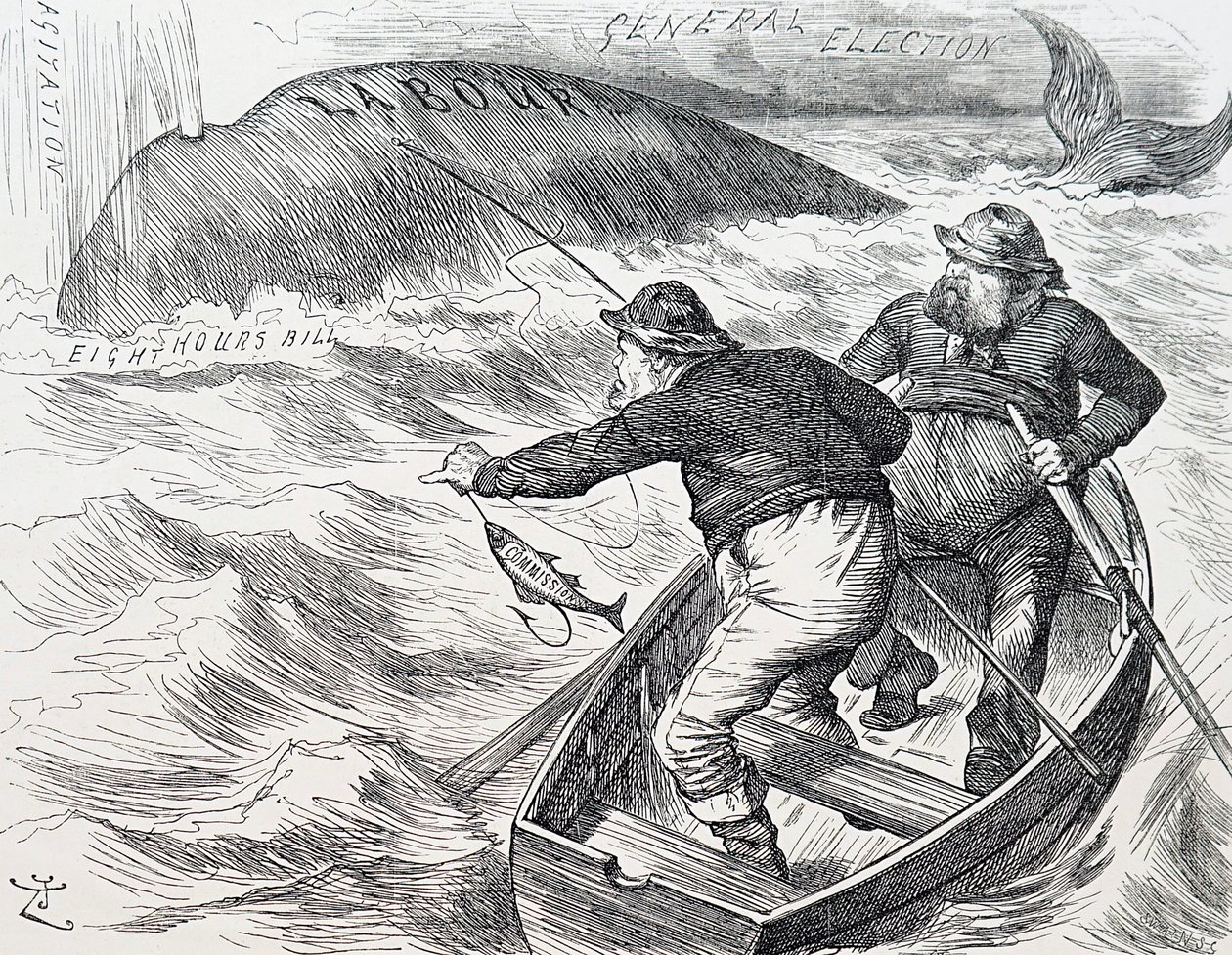 John Tennielin sarjakuva, englantilainen kuvittaja, graafinen humoristi ja poliittinen sarjakuvapiirtäjä. 1.1.1891 (kaiverrus) tekijältä John Tenniel