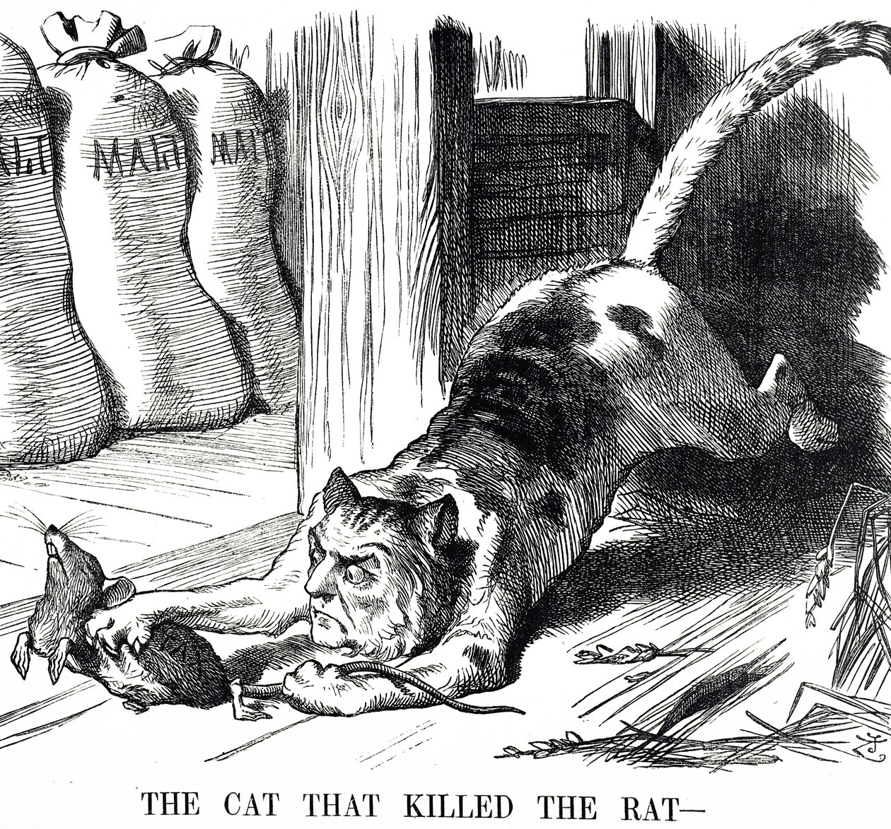Sarjakuva, joka kommentoi mallasveron poistamista vuonna 1880 tekijältä John Tenniel