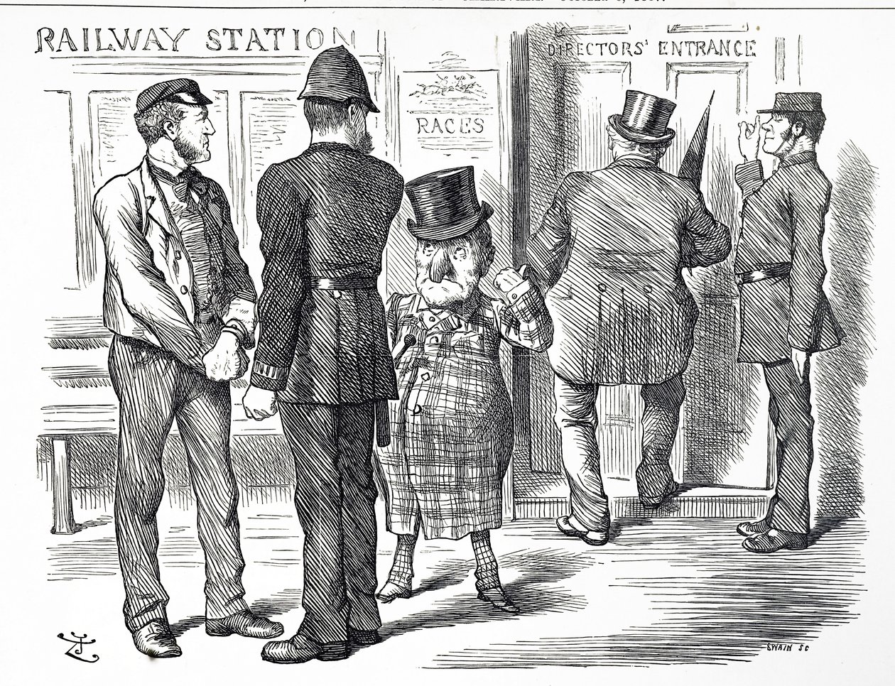 Sarjakuva, joka kommentoi vetoomuksia lohkojärjestelmän signaalin tekemisestä pakolliseksi British Railwaysille tekijältä John Tenniel