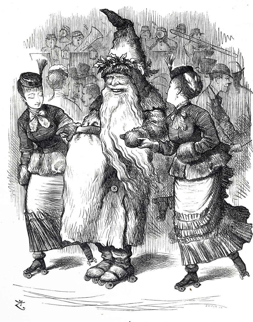 Sarjakuva Joulupukin rullaluistelusta tekijältä John Tenniel