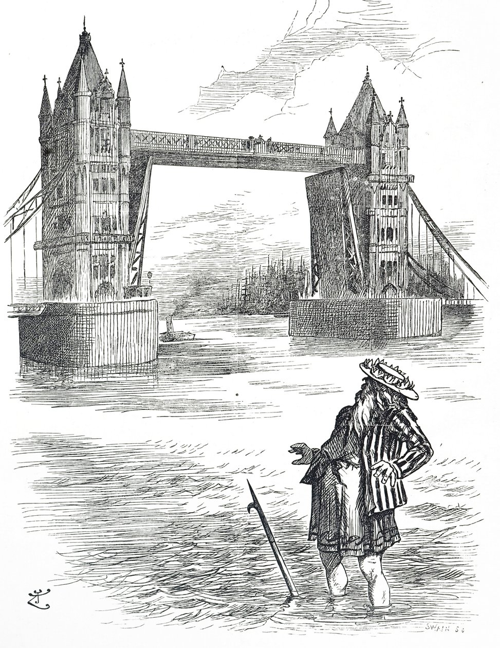 Sarjakuva, joka esittää isä Thamesia ihailemassa Tower Bridgeä Lontoossa tekijältä John Tenniel