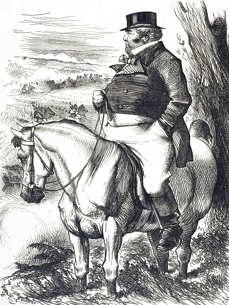 Sarjakuva, joka kuvaa John Bullia katsomassa syksyn liikkeitä tekijältä John Tenniel