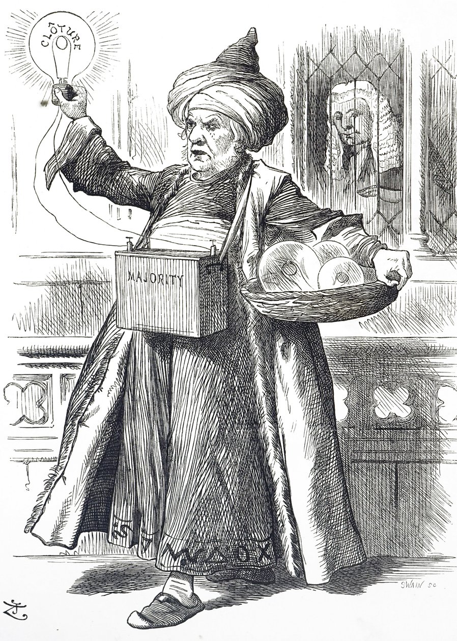 Sarjakuva, joka esittää William Ewart Gladstonea Aladdinina tekijältä John Tenniel