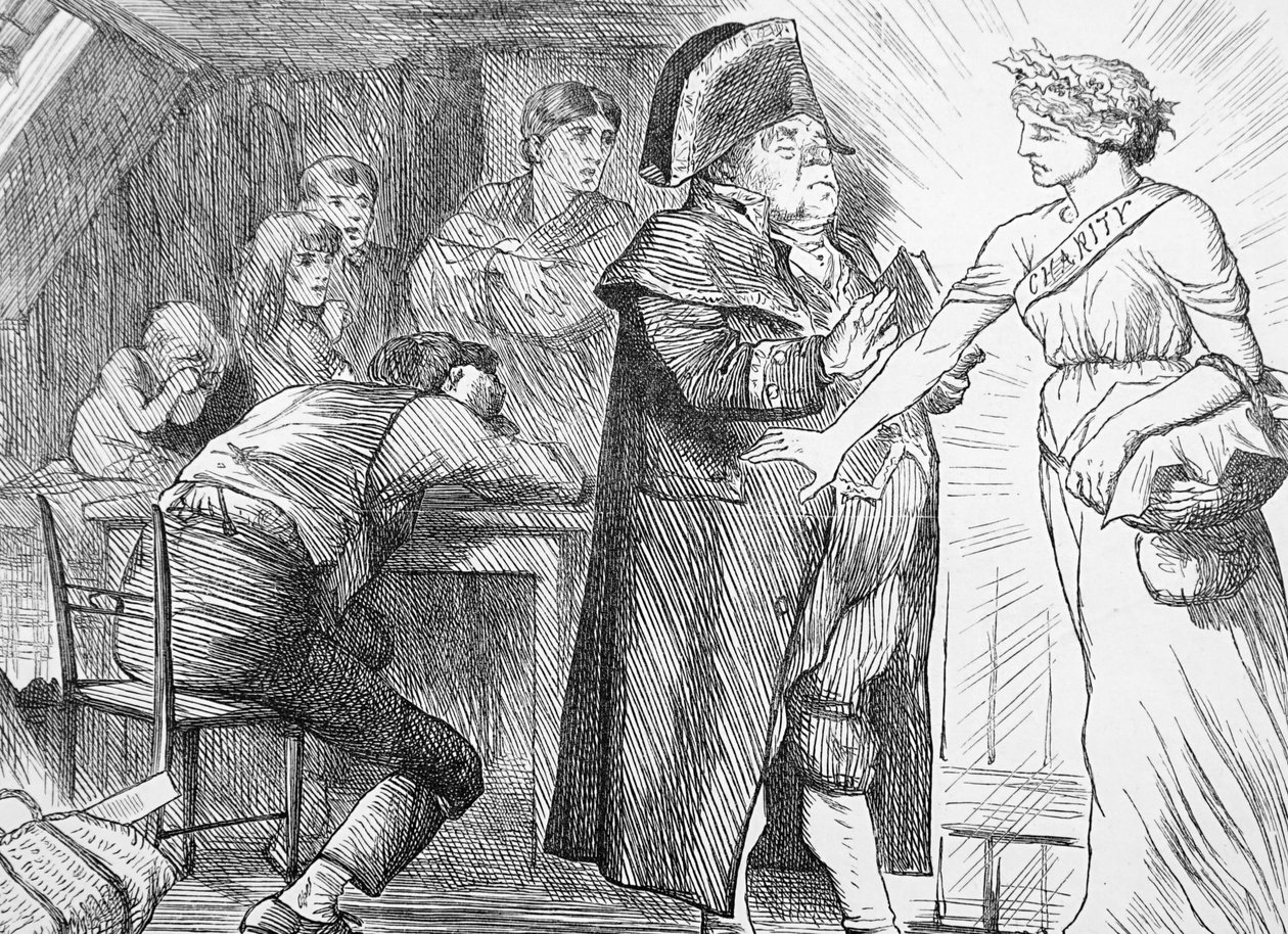 Hyväntekeväisyys lakaisi sivuun herra Brumblen protestit hänen päättäväisyydestään tuoda apua hädässä oleville köyhille perheille tekijältä John Tenniel