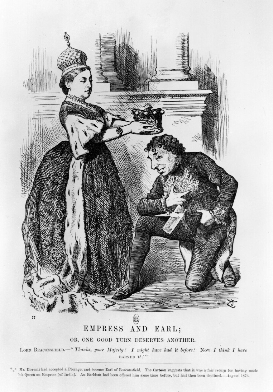 Keisarinna ja Earl tai Yksi hyvä käänne ansaitsee toisen, teoksesta "Punch or the London Charivari", elokuu 1876 (kaiverrus) (m/w kuva) tekijältä John Tenniel