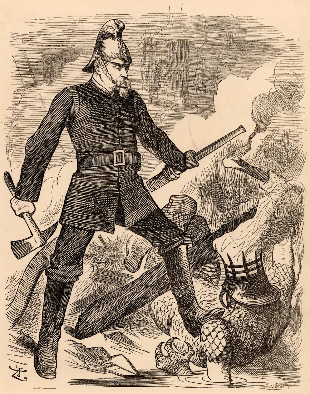 Eyre Massey Shaw taistelee tulta, "Punch" Lontoosta, 20. elokuuta 1887 (kaiverrus) tekijältä John Tenniel