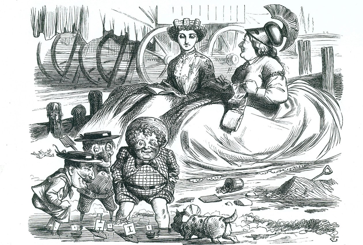 Ranska ja Britannia katsomassa lapsia (John Bull, herra Punch ja Napoleon III). Tänä vuonna tuli kuluneeksi 50 vuotta rauhasta Ranskan ja Britannian välillä ja Entente Cordialen alkua. John Tenniel sarjakuva "Punch", Lontoo tekijältä John Tenniel