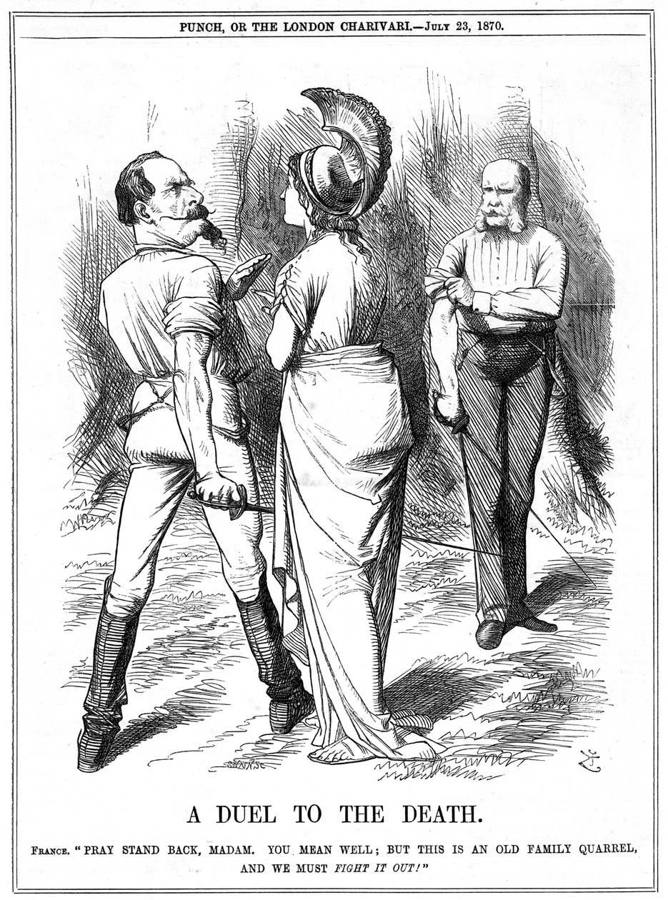 Ranskan ja Preussin sota 1870-1871: Britannia yrittää hillitä Napoleon III:ta aloittamassa sotaa Saksaa vastaan. Ranskan julistus Berliiniin 19. heinäkuuta, julistus 23. heinäkuuta. John Tenniel -sarjakuva Punchista, Lontoosta, 23. heinäkuuta 1870. Kaiverr tekijältä John Tenniel