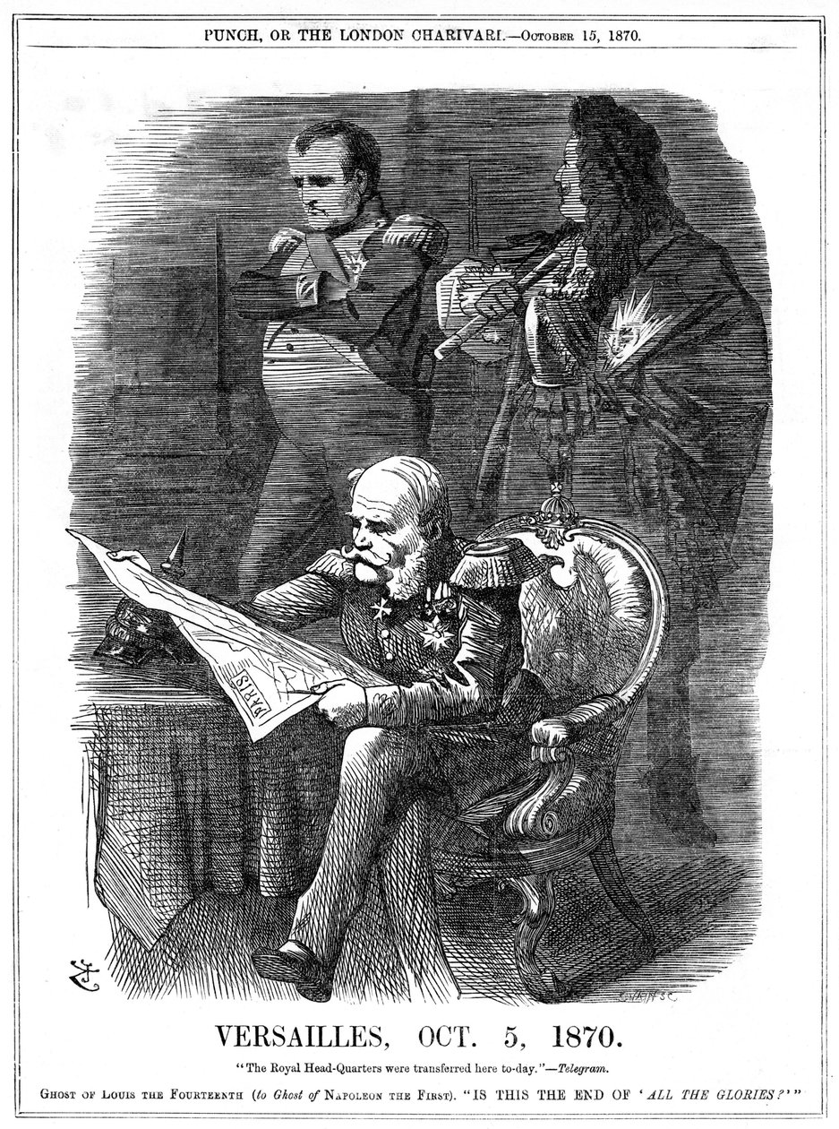 Ranskan ja Preussin sota 1870-1871: Ludvig XIV:n ja Napoleon I:n sävyt valittavat Ranskan loiston haalistumista. 5. lokakuuta 1870 Wilhlem I, Preussin kuningas teki Versaillesista päämajansa, ja 18. tammikuuta hänet julistettiin Saksan keisariksi Peilisali tekijältä John Tenniel