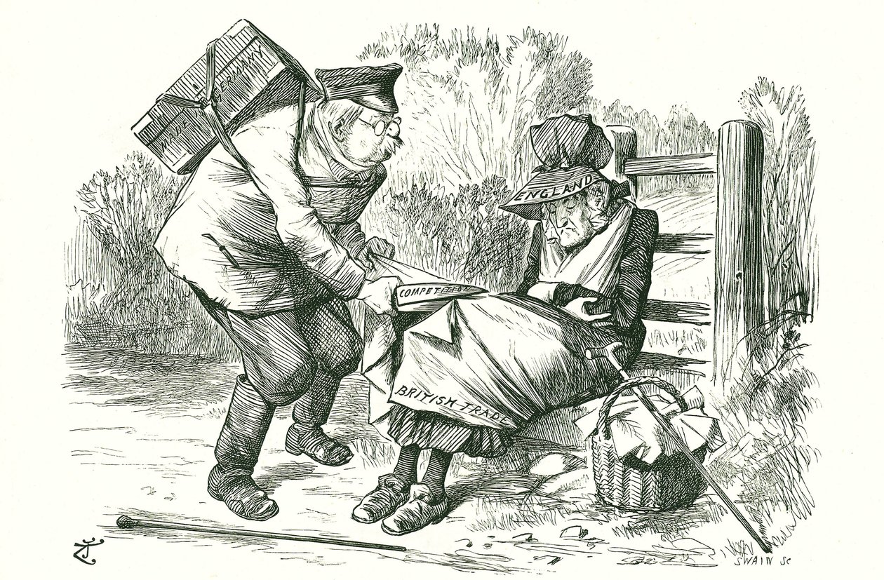 Saksa varastaa Britannian aseman maailman johtavana kaupan ja valmistuksen alalla. John Tennielin sarjakuva Punchista, 5. syyskuuta 1896. tekijältä John Tenniel