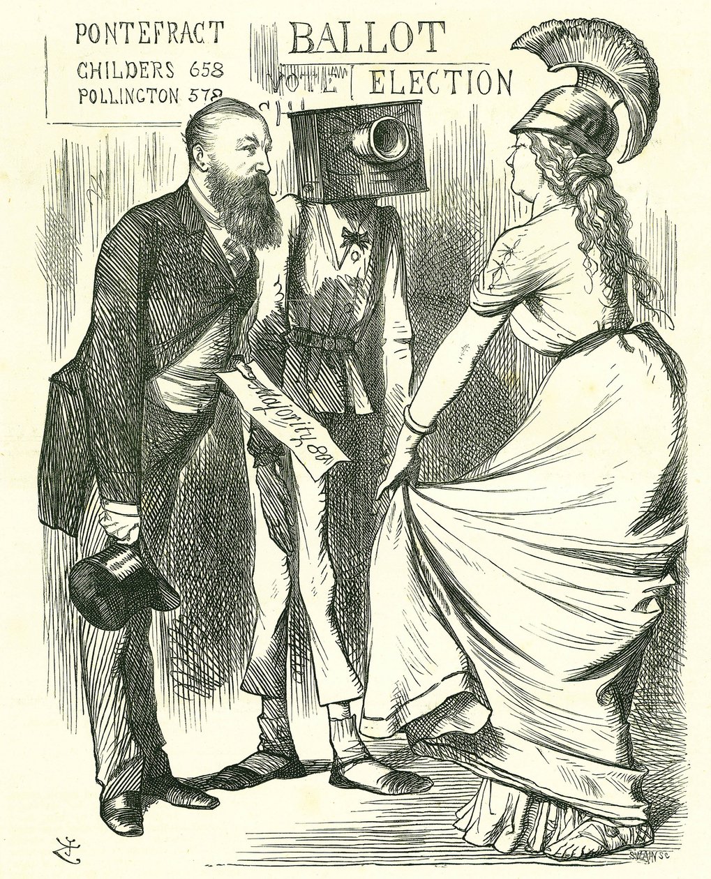 Hugh Childers (1827-1896) Ison-Britannian parlamentaarikko, joka kertoi Britannialle uuden äänestyslaatikon menestyksestä. John Tenniel sarjakuva Punchista Lontoossa 24. elokuuta 1872. tekijältä John Tenniel