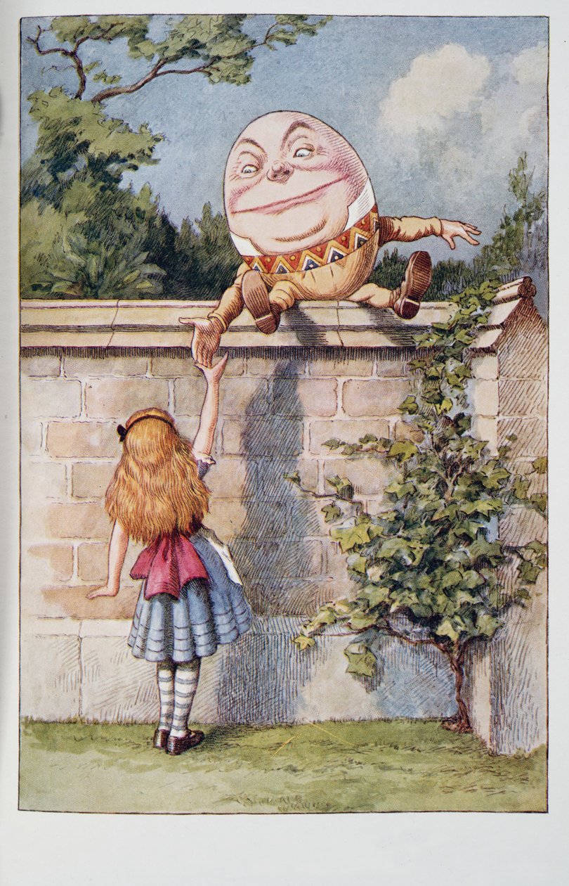 Humpty Dumpty, Lewis Carrollin (1832 - 98) teoksesta Alices Adventures In Wonderland And Through The Looking-Glass And What Alice Found There (Alicen seikkailut ihmemaassa ja peilin läpi ja mitä Liisa löysi sieltä), julkaistu 1911 (värillinen litografia). tekijältä John Tenniel