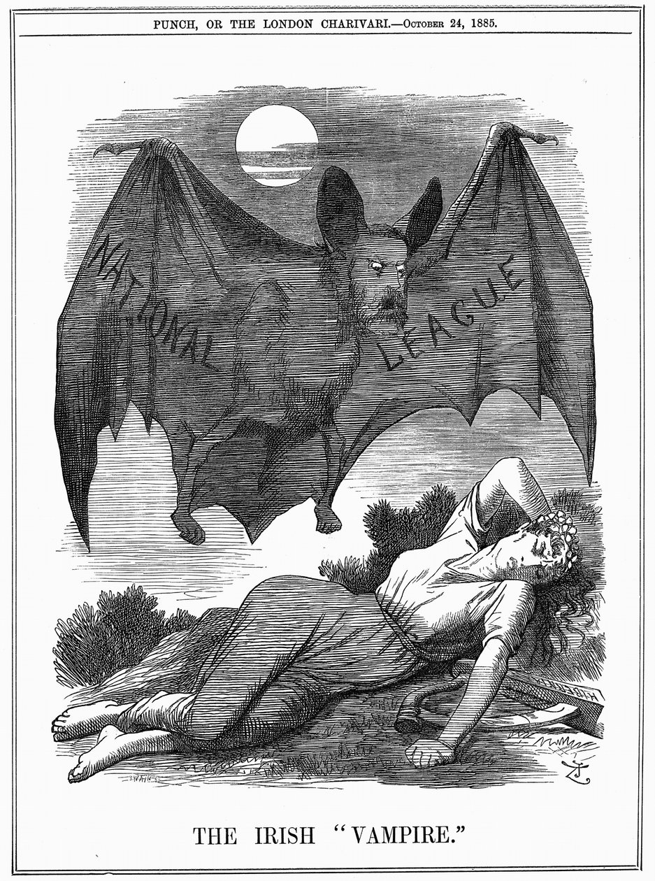 Irlannin kansallinen liiga, jossa Charles Stewart Parnellin (1846-1891) kasvot esitetään Irlantia saalistavana vampyyrina. John Tenniel sarjakuva Punch Lontoosta, 24. lokakuuta 1885. Kaiverrus tekijältä John Tenniel