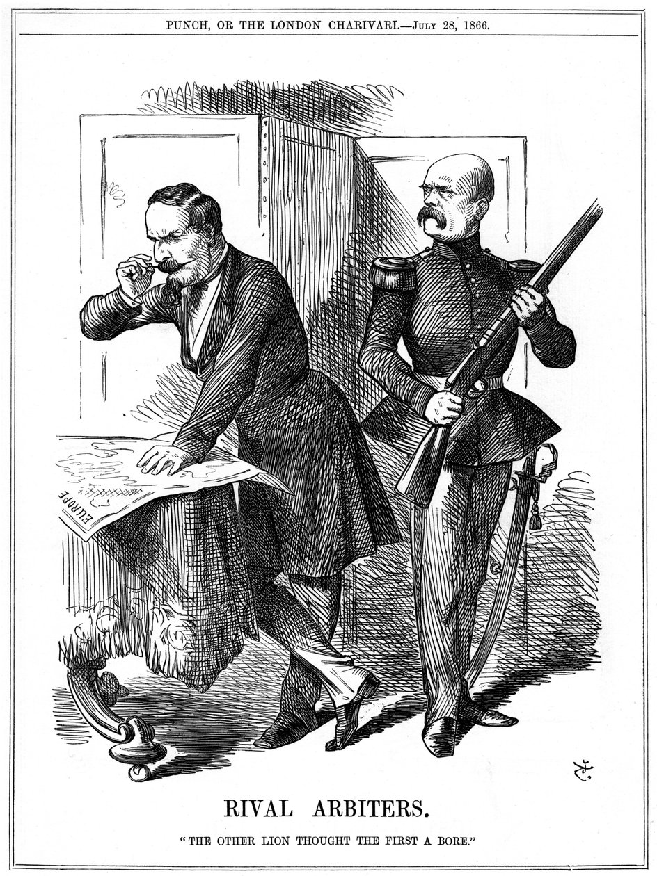 Napoleon III (1808-1873), Ranskan keisari 1852-1870, ja Otto von Bismarck (1808-1783), Preussin liittokansleri, loivat Euroopan. Heidän ristiriitaiset tavoitteensa johtivat Ranskan ja Preussin väliseen sotaan vuosina 1870-1871. John Tenniel sarjakuva Punch tekijältä John Tenniel