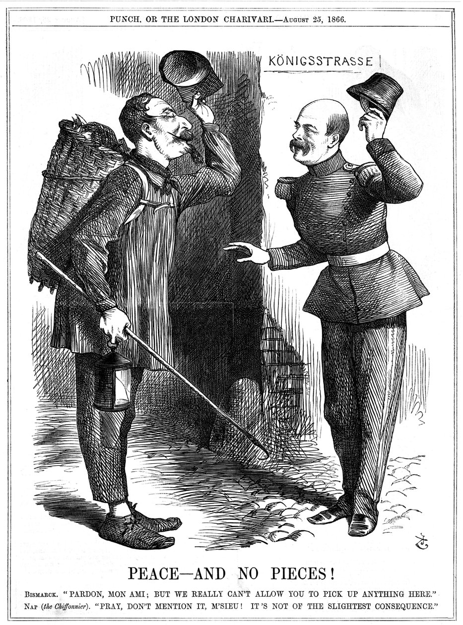 Napoleon III, Ranskan keisari 1852-1870, pukeutunut räsynpoimijaksi (Chiffonnier), varoitti Otto von Bismarck, Preussin liittokansleri. Napoleonin alueelliset tavoitteet johtivat Ranskan ja Preussin väliseen sotaan 1870-71. John Tenniel -sarjakuva Punchist tekijältä John Tenniel