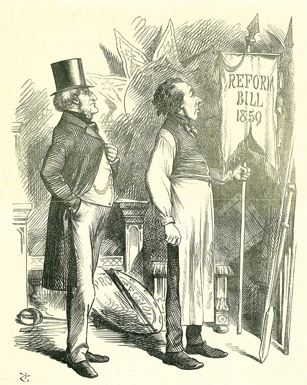 Poliittinen talous: parlamentin uudistus - franchising-sopimuksen laajentaminen. Disraeli (kansleri) ja Derby (pääministeri) pyyhkäisevät pölyä uudistuslakia. Vuonna 1867 Disraeli esitteli uuden lain. John Tenniel sarjakuva Punchista, Lontoosta tekijältä John Tenniel