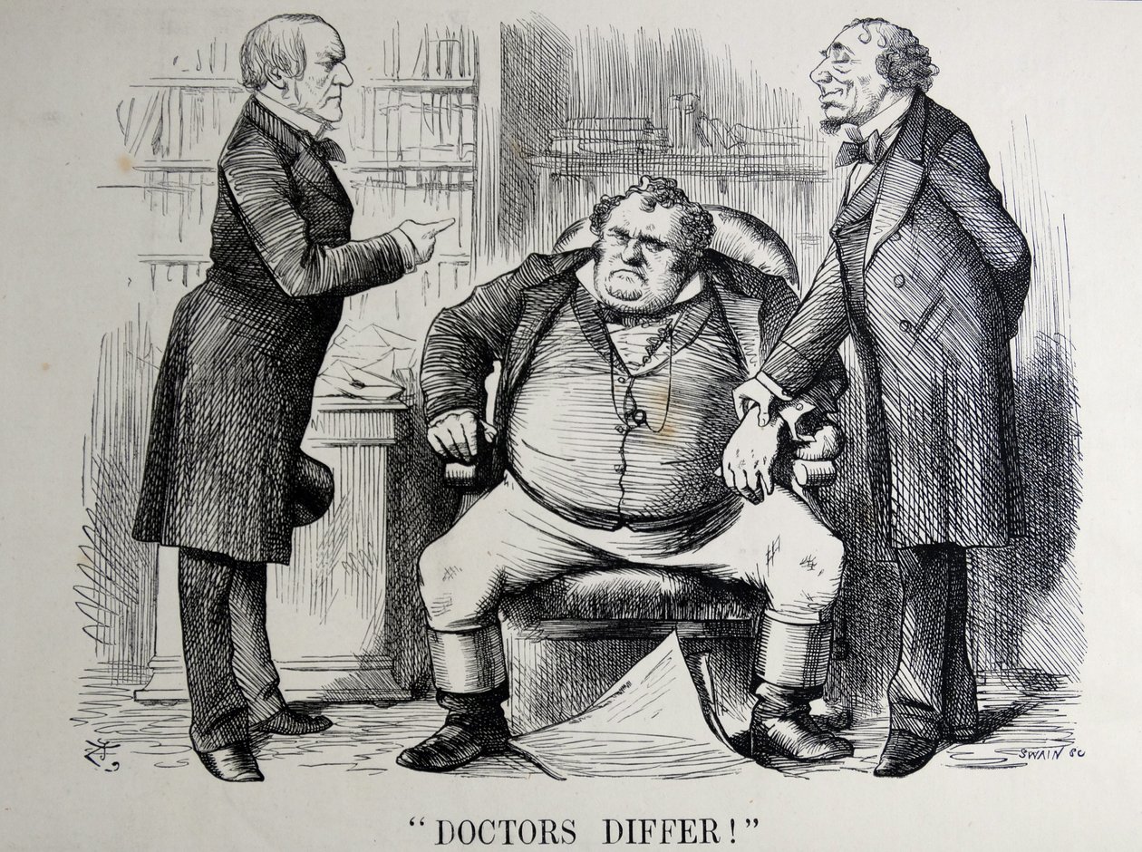 Poliittinen satiiri, jossa esitetään William Ewart Gladstone, Benjamin Disraeli ja John Bull tekijältä John Tenniel