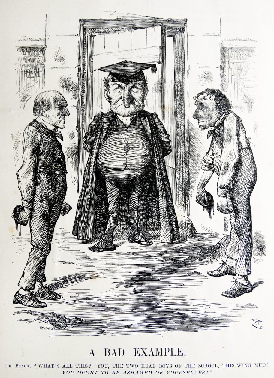 Poliittinen satiiri, jossa esitetään William Ewart Gladstone ja Benjamin Disraeli tekijältä John Tenniel