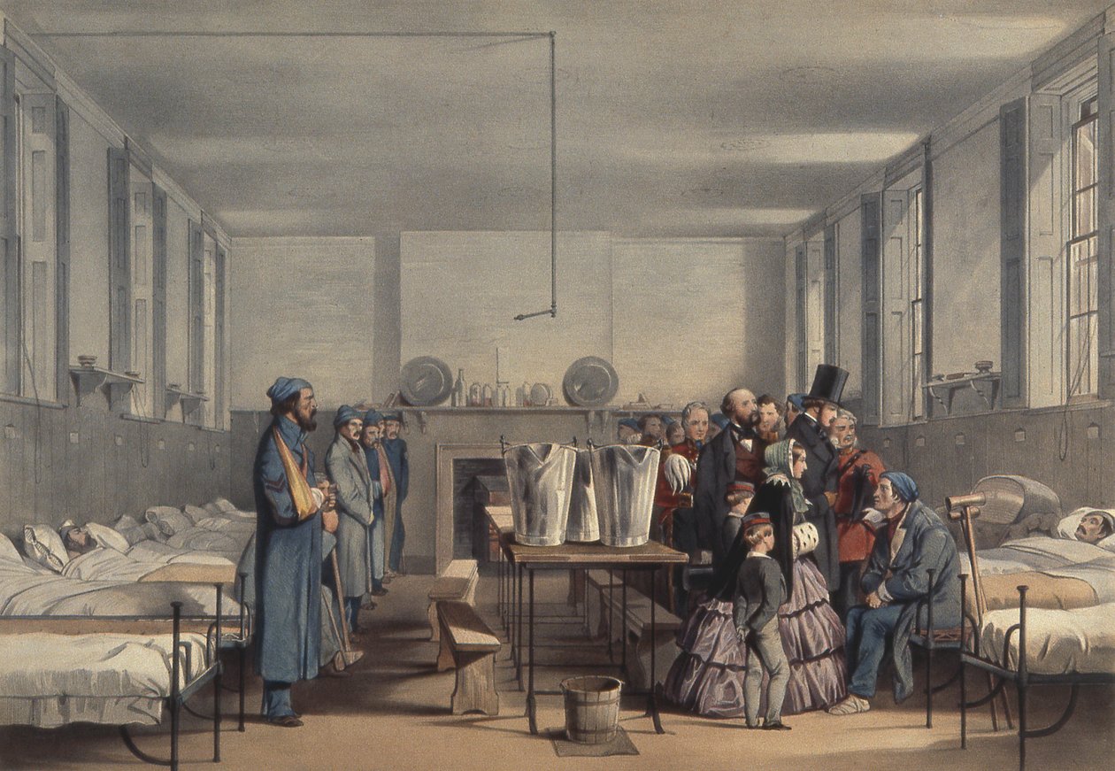 Kuningatar Victoria ja prinssi Albert vierailevat Krimin sodassa haavoittuneiden sotilaiden luona Bromptonin sairaalassa, Chatham, 1855 tekijältä John Tenniel