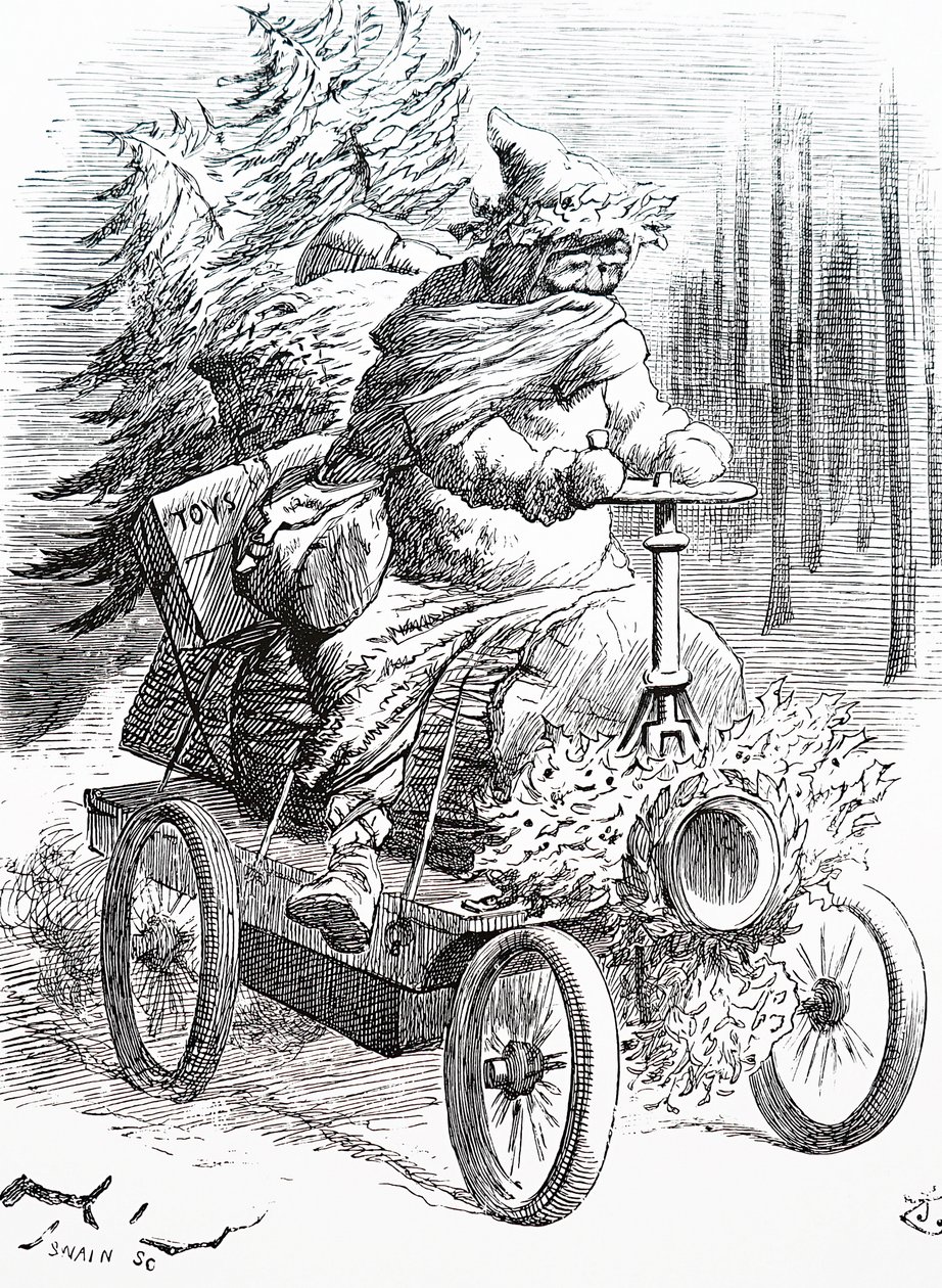 Joulupukki kilpailee lumen läpi. John Tenniel (1820-1914), englantilainen kuvittaja, graafinen humoristi ja poliittinen sarjakuvapiirtäjä tekijältä John Tenniel