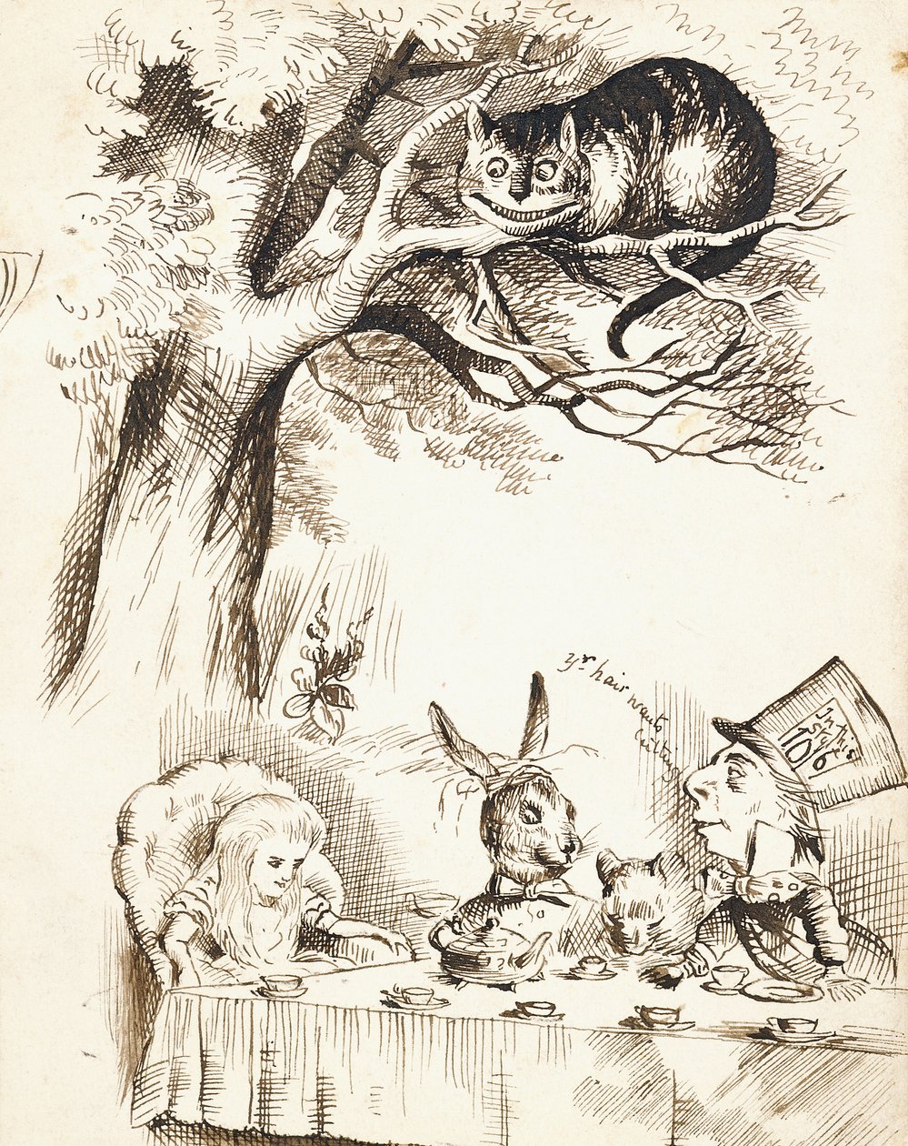 Kohtaus Hullun Hatuntekijän teekutsuista, n. 1865 tekijältä John Tenniel