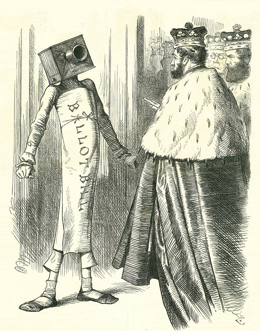 Ballot Bill seisoo ylähuonetta vastaan. John Tenniel sarjakuva Punchista, Lontoosta 20. heinäkuuta 1872. tekijältä John Tenniel