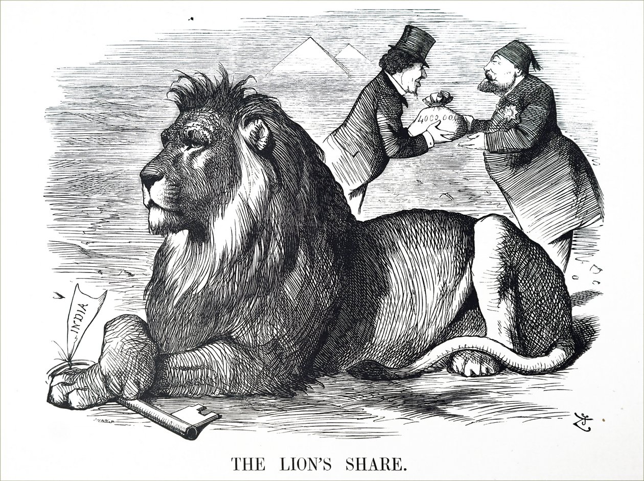 Britannian hallitus valtuutti Rothschildien ostamaan osakkeita Suezin kanavasta. tekijältä John Tenniel
