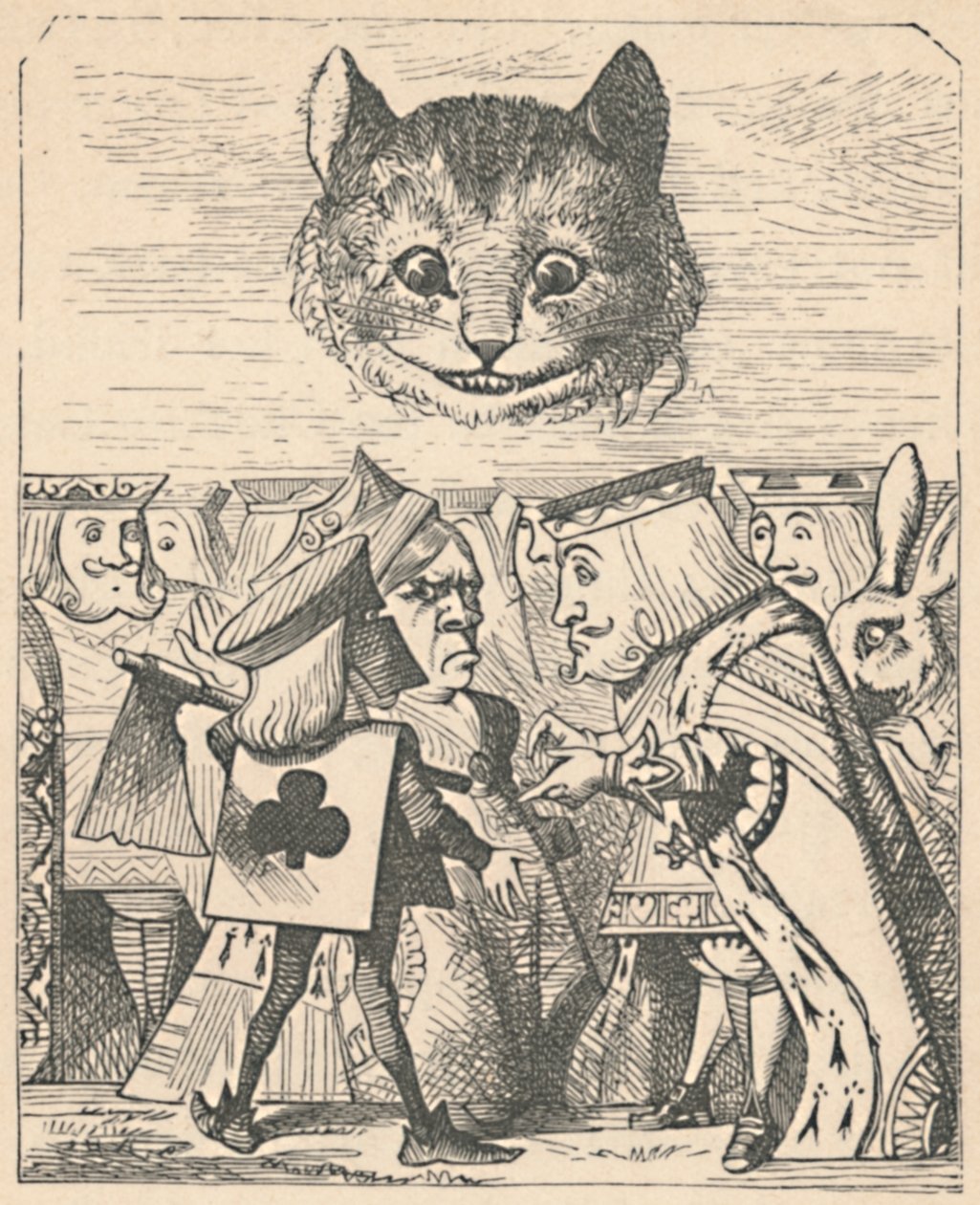 Cheshiren kissa katsomassa punaista kuningasta ja kuningatarta riitelemässä, 1889 tekijältä John Tenniel