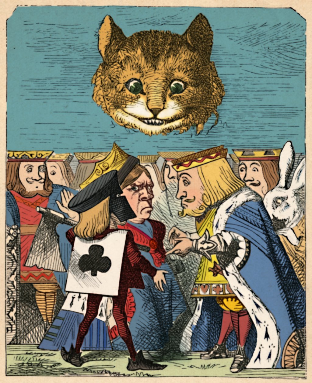 Cheshiren kissa katsomassa punaista kuningasta ja kuningatarta riitelemässä, 1889 tekijältä John Tenniel