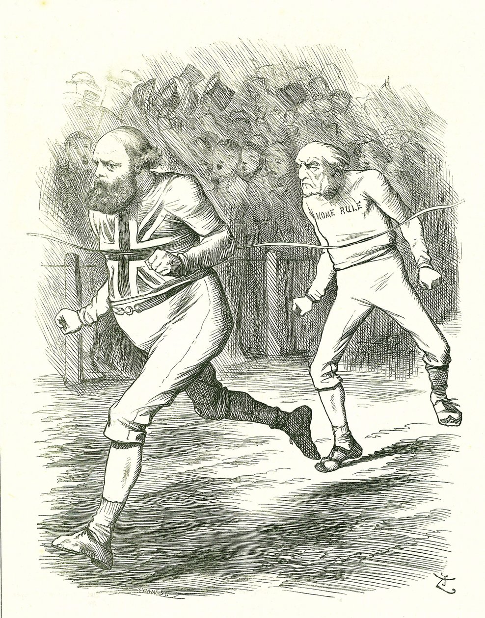 Finish: Yleiset vaalit 1886. Gladstone (liberaali) meni maahan Irlannin kotisääntölakinsa vuoksi. Salisbury (konservatiivinen oppositio) voittaa Gladstonen maaliin asti. John Tenniel sarjakuva Punchista, Lontoosta tekijältä John Tenniel