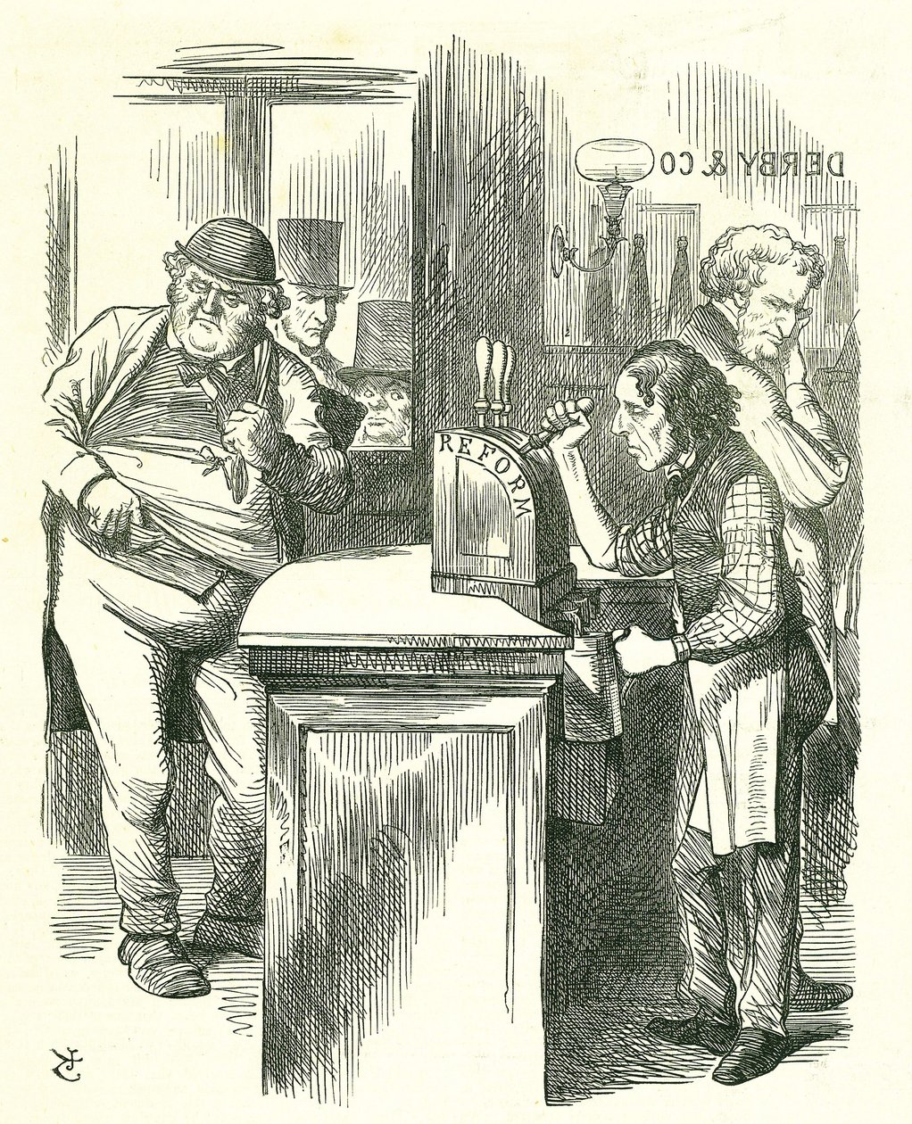 The Honest Pot Boy: Parlamentin uudistus - franchising-sopimuksen laajentaminen. Disraeli tarjoilee uudistusta John Bullille hänen parlamentaarisen oppositionsa seuraten. Hän esitteli ja kantoi uudistuslakinsa. Tenniel-sarjakuva Punchista, Lontoosta tekijältä John Tenniel