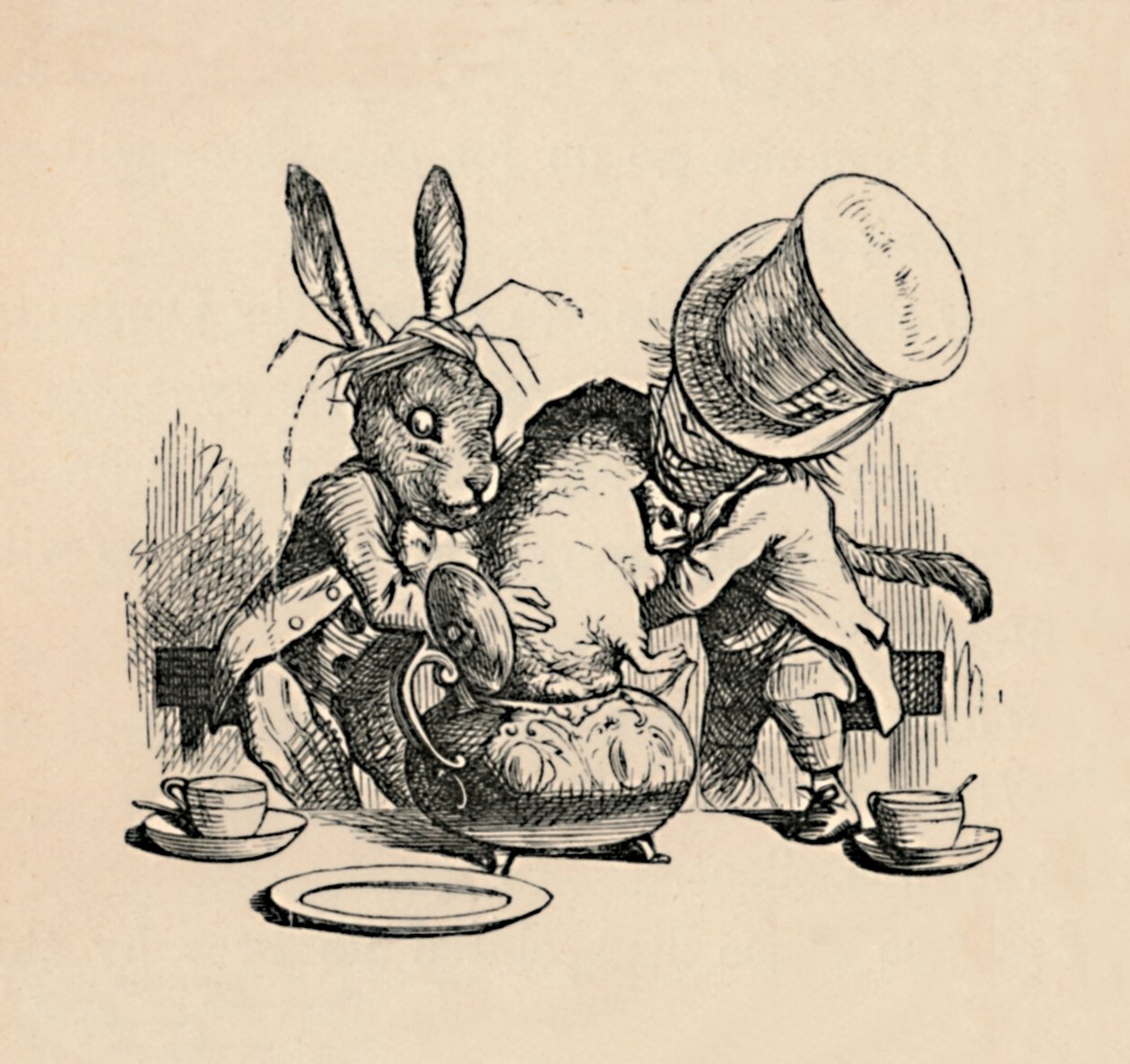 Hullu hatuntekijä ja maaliskuun jänis yrittävät laittaa Dormousea teekannuun, 1889 tekijältä John Tenniel