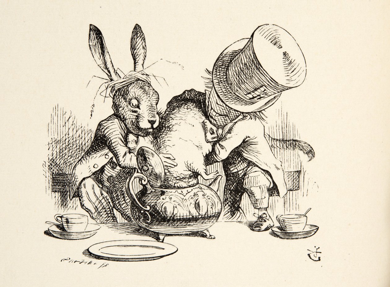 Hullu hatuntekijä ja maaliskuun jänis laittavat makuuhiiren teekannuun, Lewis Carrollin (1832 - 98) pubista Lilics Adventures in Wonderland. 1891 tekijältä John Tenniel
