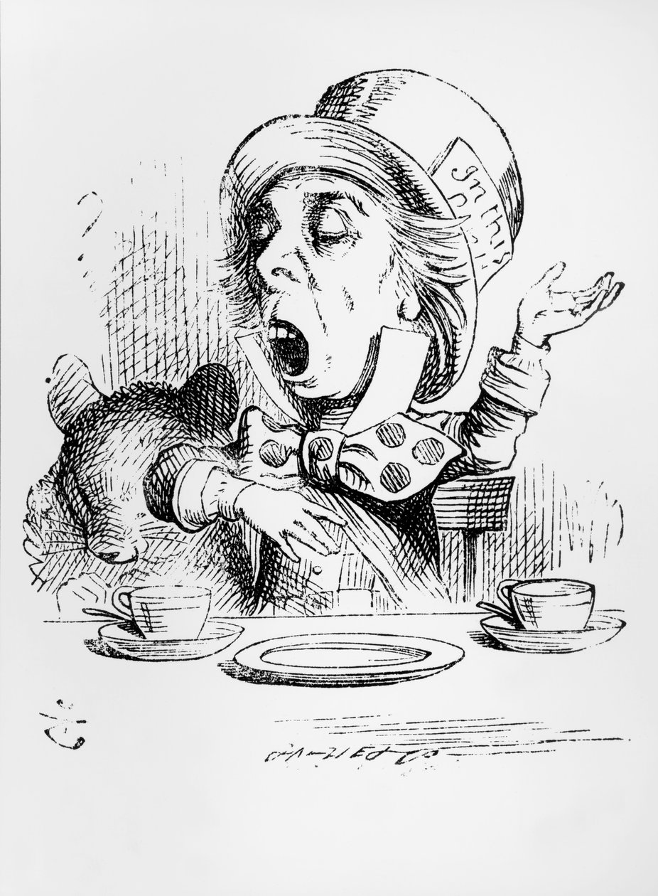 Hullu Hatuntekijä, kuvitus Lewis Carrollin teoksesta "Liisan seikkailut ihmemaassa", 1865 tekijältä John Tenniel