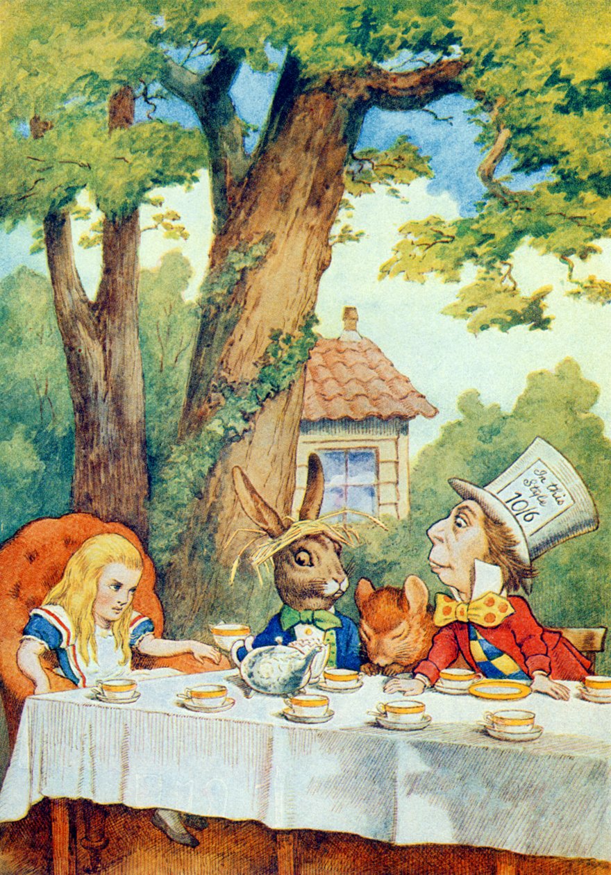 Hullun Hatuntekijän teekutsut, kuvitus Lewis Carrollin (1832-9) Liisa ihmemaassa tekijältä John Tenniel