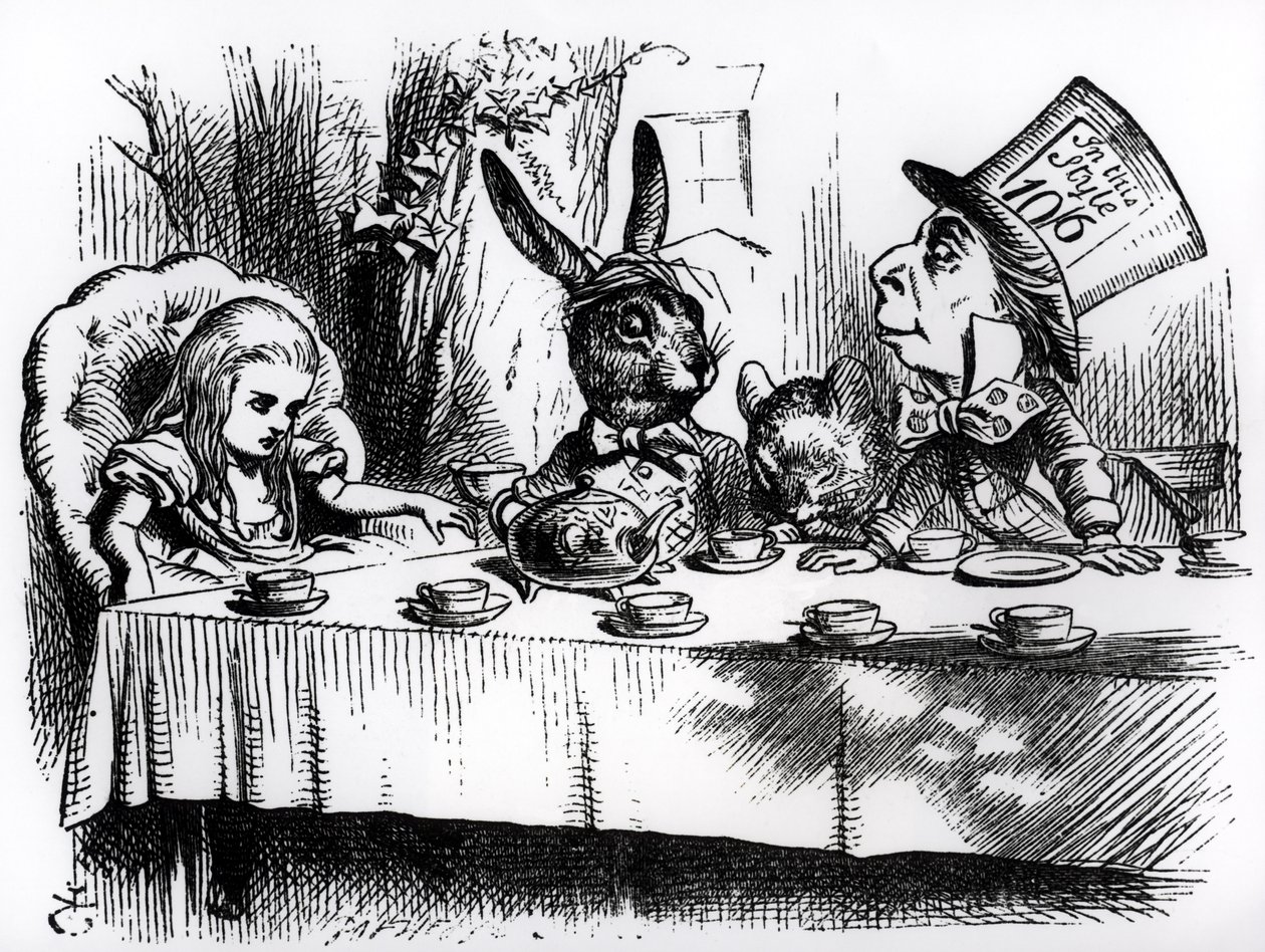 Hullun Hatuntekijän teekutsut, kuvitus Lewis Carrollin teoksesta "Liisan seikkailut ihmemaassa" tekijältä John Tenniel