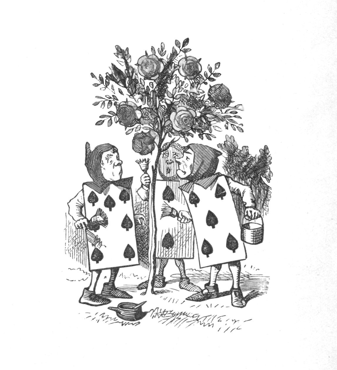 Pelikortit maalaamassa ruusupensaita, 1889 tekijältä John Tenniel