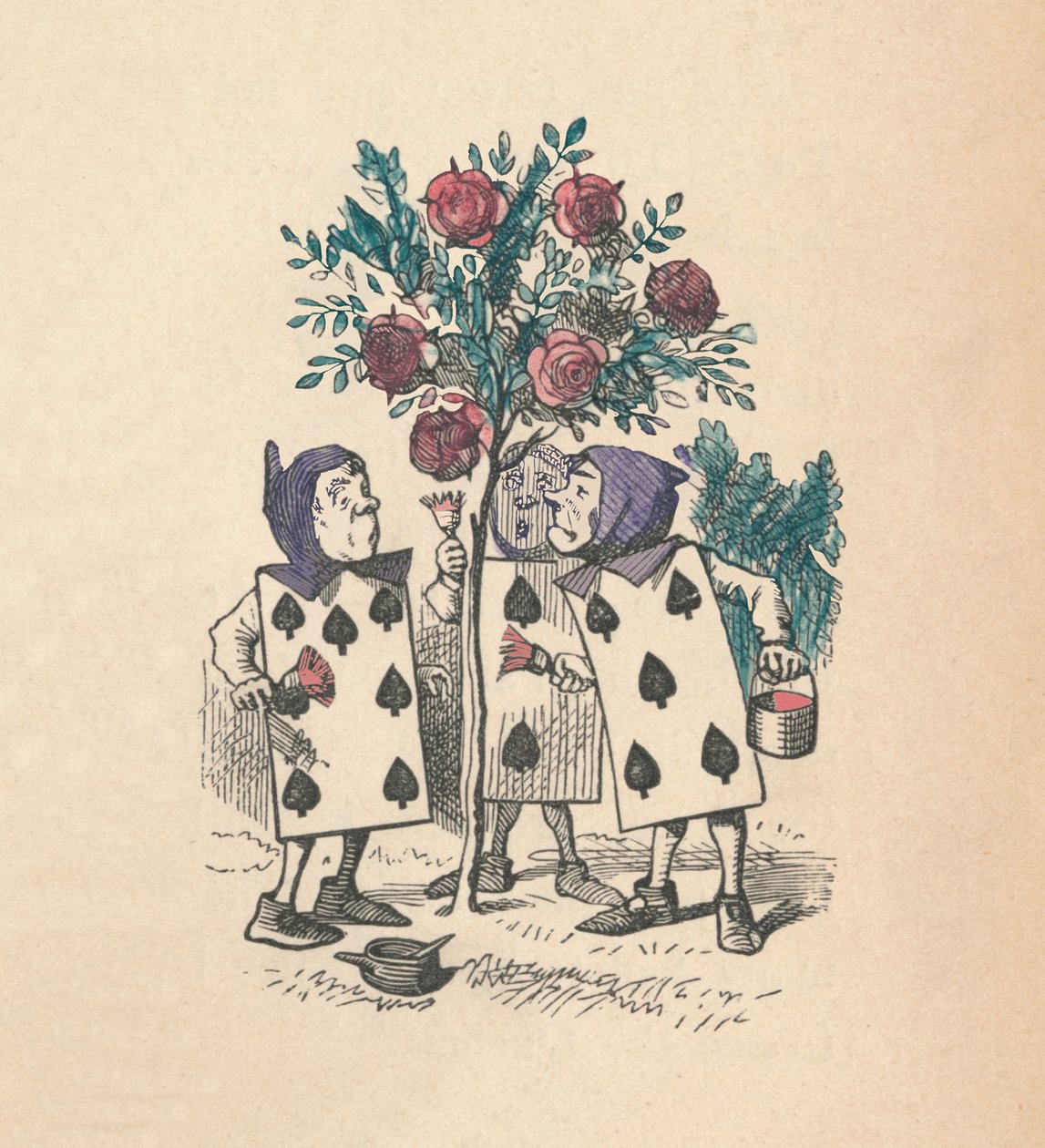 Pelikortit maalaamassa ruusupensaita, 1889 tekijältä John Tenniel
