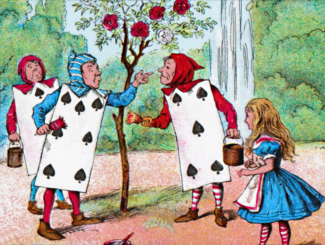 Pelikortit, jotka maalasivat ruusupensaita, vuodelta 1910 tekijältä John Tenniel