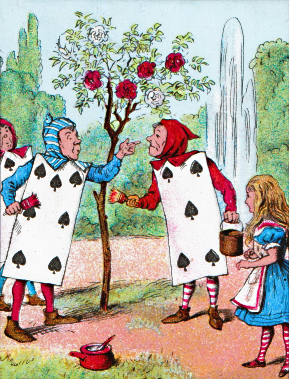 Pelikortit, jotka maalasivat ruusupensaita, vuodelta 1910 tekijältä John Tenniel
