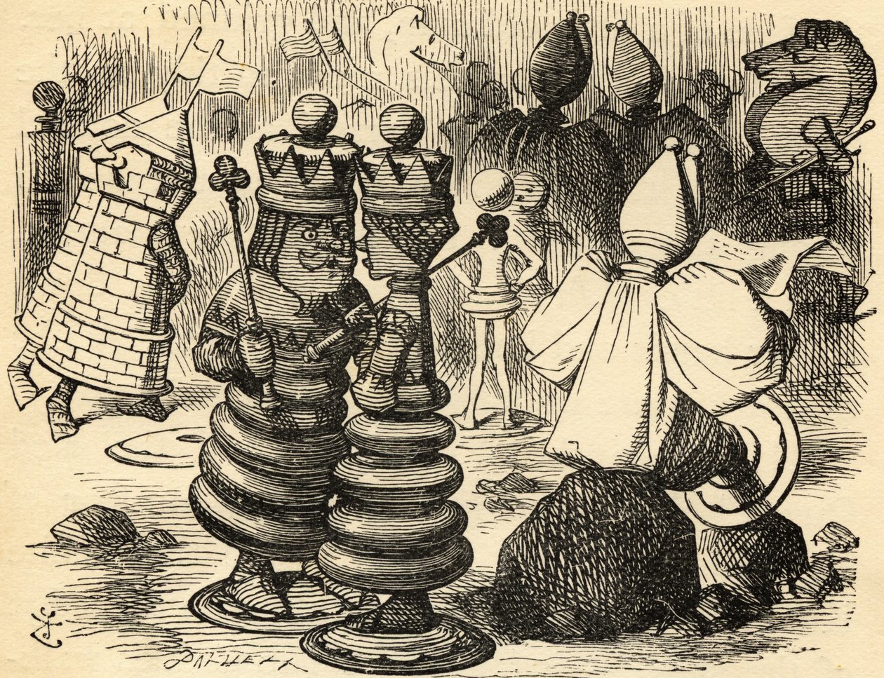 Punainen kuningas ja kuningatar. Kuvitus Sir John Tenniel tekijältä John Tenniel